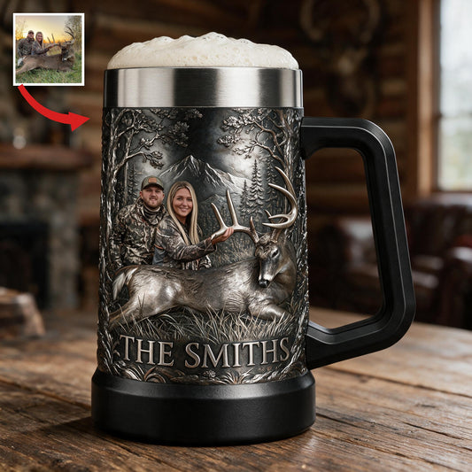 Personalisierter Foto-Jagd-Paar Bierkrug mit Hirsch Geschenk