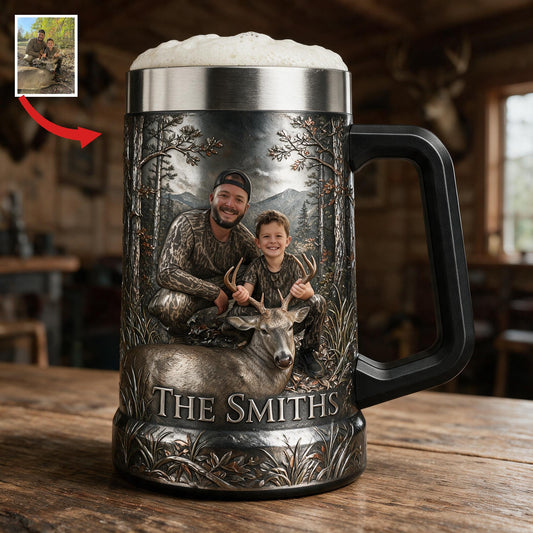 Personalisierter Foto-Hunter und Kind mit Hirsch Bierkrug Geschenk