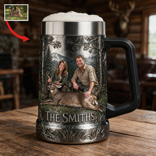 Personalisierter Foto Bierkrug für Jagdpaare mit Hirsch