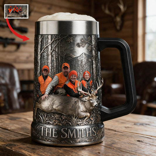 Personalisierter Foto-Jagd-Familien Bierkrug mit Hirsch, Geschenk für Jäger