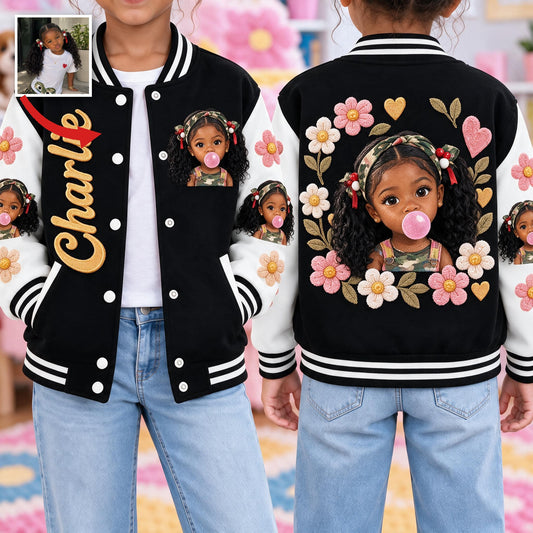 Personalized Black Little Girl Varsity Jacket Custom Kid Gift