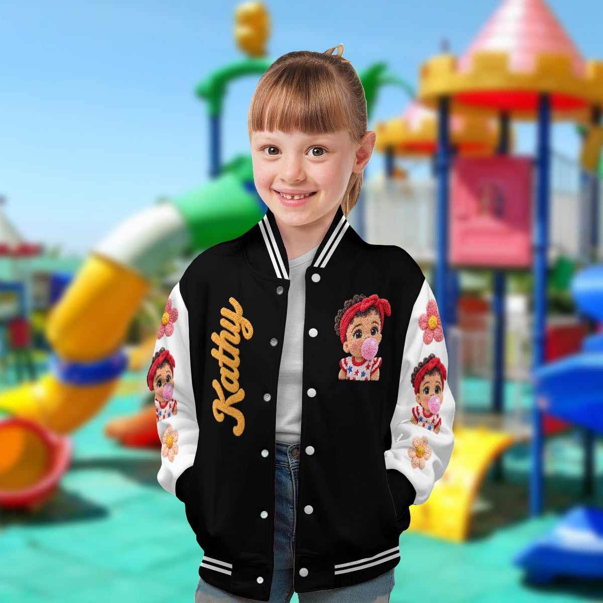 Personalized Black Little Girl Varsity Jacket Custom Kid Gift