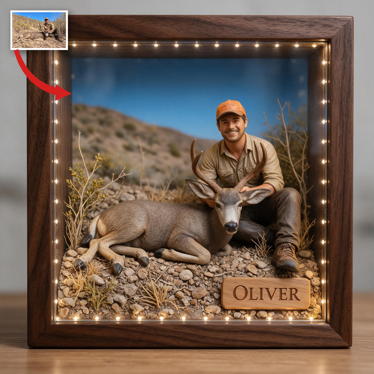 Personalized Custom Photo Latino Hunter with Deer Wooden Frame LED Light Hunting Gift