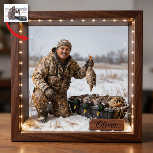 Personalized Custom Photo Middle-Aged Latino Duck Hunter Wooden Frame LED Light Hunting Gift