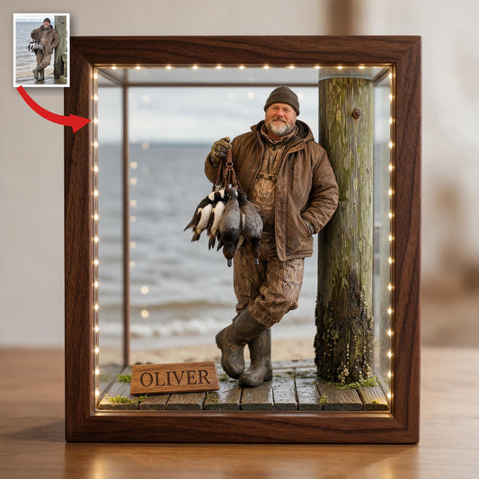 Personalized Custom Photo Middle-Aged Duck Hunter Wooden Frame LED Light Hunting Gift