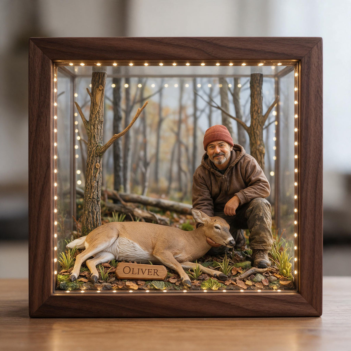 Personalized Custom Photo Middle-Aged Latino Hunter with Deer Wooden Frame LED Light Hunting Gift