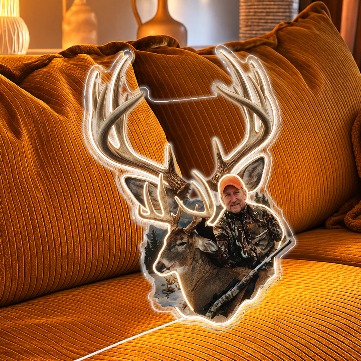 Personalized Custom Photo Hunting Couple with Deer Neon LED Light Sign Cabin Decor