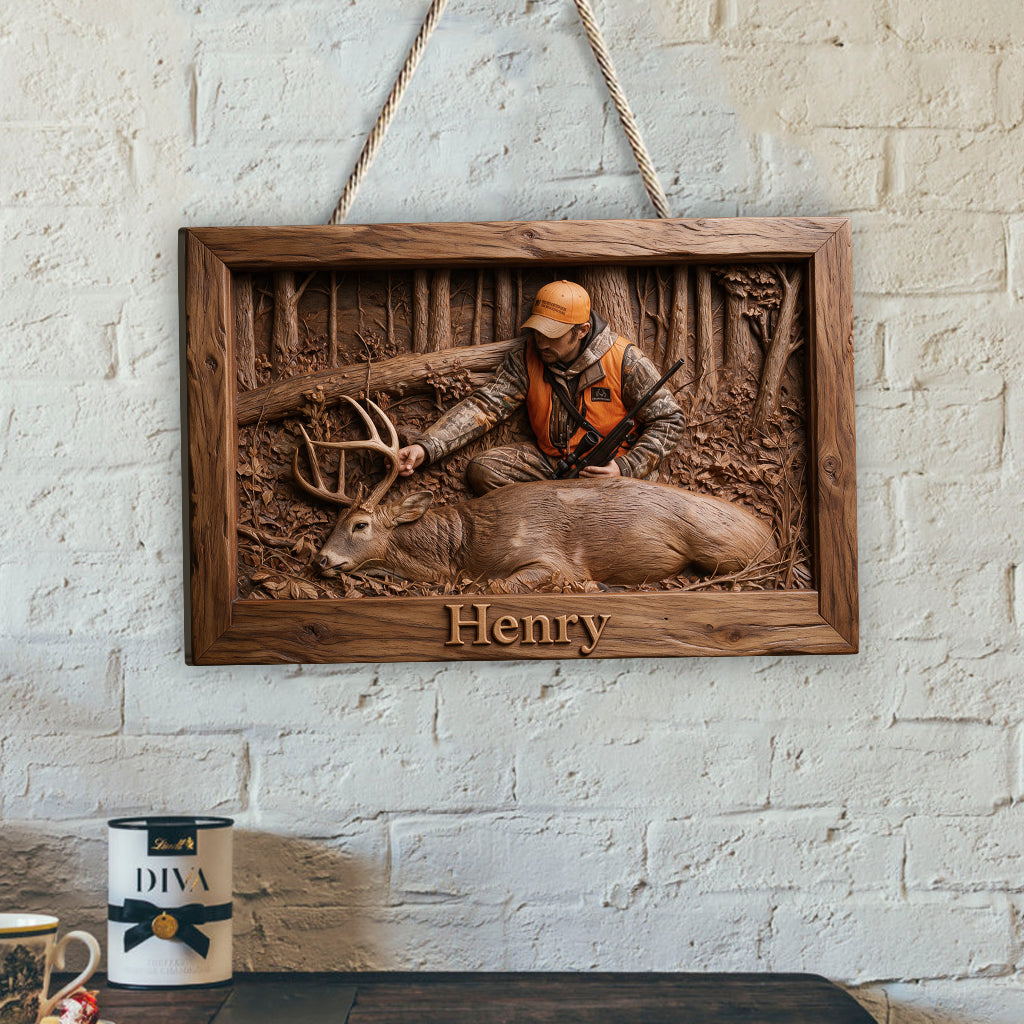 Personalized Custom Photo Middle-Aged Hunter with Deer Hunting Wood Sign