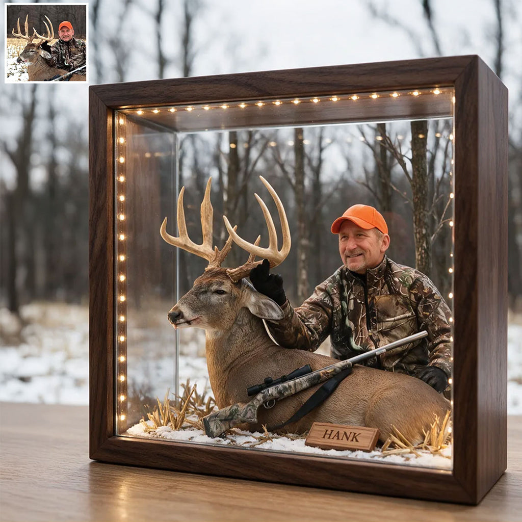 Personalized Custom Photo Latino Hunter with Deer Wooden Frame LED Light Hunting Gift
