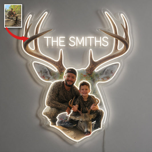 Personalized Custom Photo Hunter and Child with Deer Neon LED Light Sign Hunting Decor