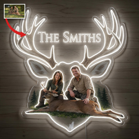 Personalized Custom Photo Middle-Aged Hunting Couple with Deer Neon LED Light Sign Hunting Decor