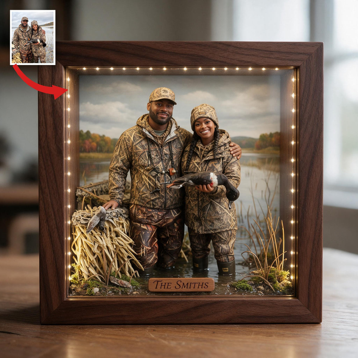 Personalized Custom Photo Black Hunting Couple Wooden Frame LED Light Hunting Gift