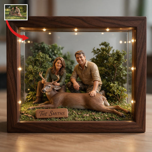 Personalisierter LED-Rahmen mit Foto eines mittelalterlichen Jagdpaares