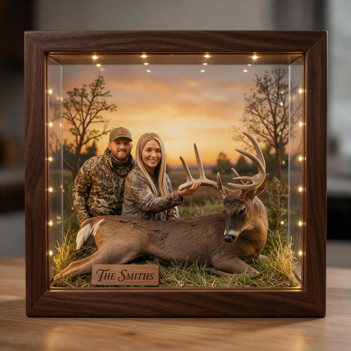 Personalized Custom Photo Hunting Couple with Deer Wooden Frame LED Light Hunting Decor Gift