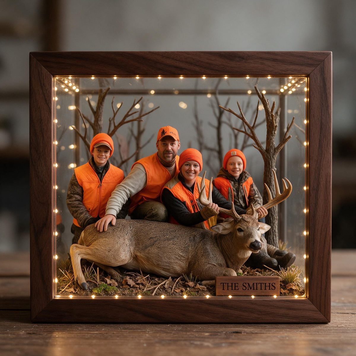 Personalized Custom Photo Hunting Family with Deer Wooden Frame LED Light Gift