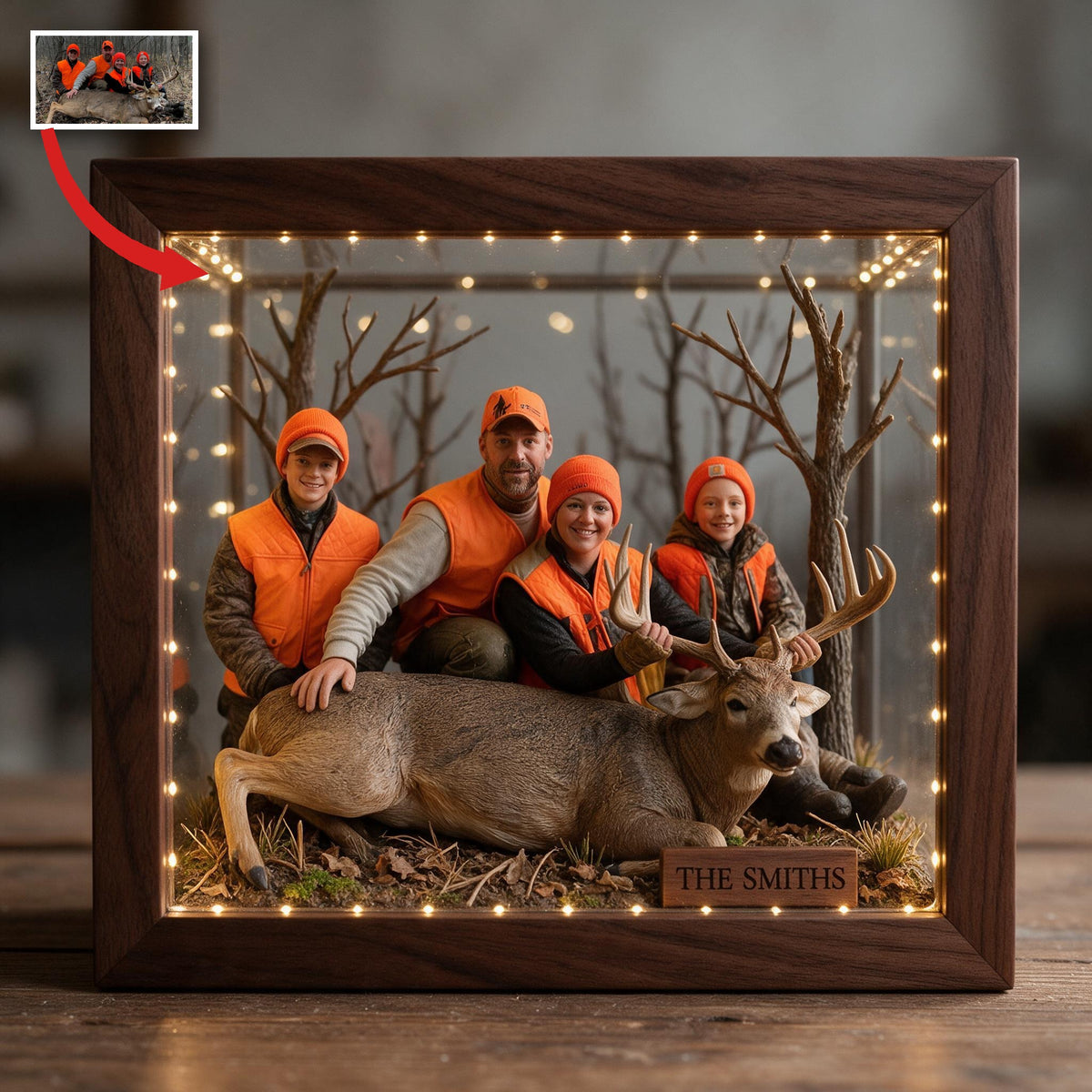 Personalized Custom Photo Hunting Family with Deer Wooden Frame LED Light Gift