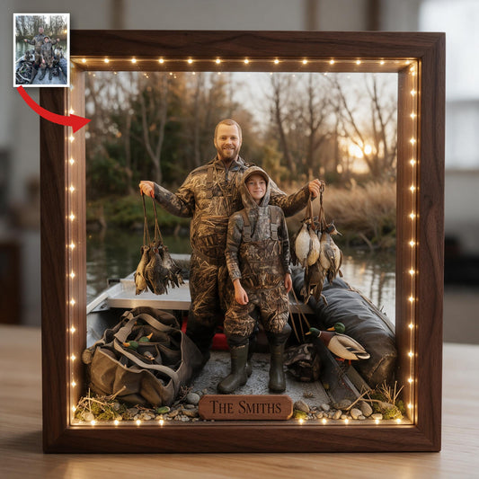 Personalisierter Foto Vater und Kind Entenjäger Holzrahmen LED Licht Geschenk