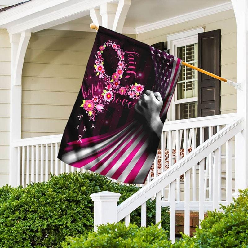 Glaube, Hoffnung, Liebe – Rosa Schleife mit Blume – Hausflagge zur Sensibilisierung für Brustkrebs 0822