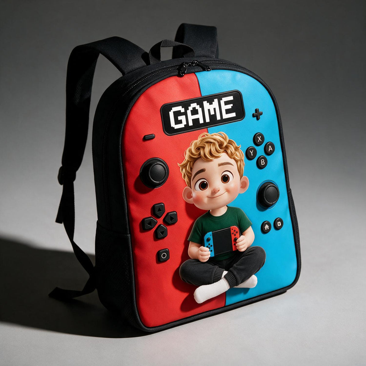 Personalized Gamer Boy Controller Backpack - Red Blue Split Switch-Style Design - Back to School Gift for Young Kids
