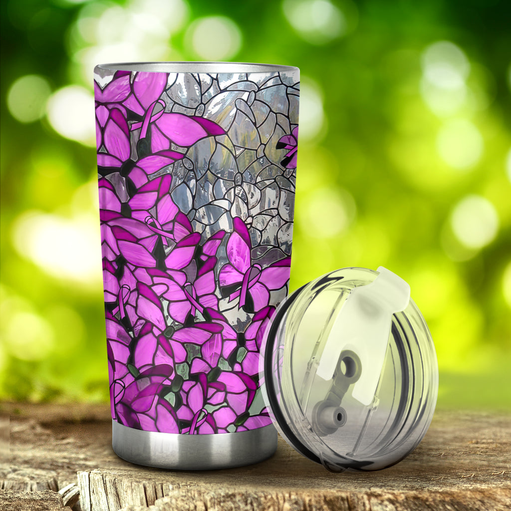 Trinkbecher mit dem Motiv „Glaube, Hoffnung, Liebe“ aus Buntglas – Brustkrebsbewusstsein (0622)