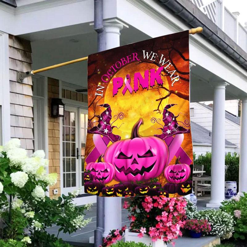 Im Oktober tragen wir rosa Halloween-Kürbisschleife - Hausflagge zur Sensibilisierung für Brustkrebs 0822