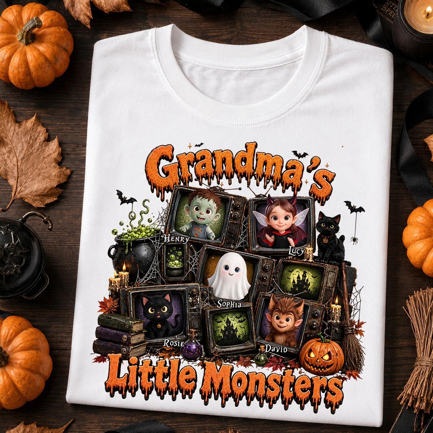 Grandma's Little Monsters Halloween Personalized Shirt - Vintage TV Grandkids Spooky Gift for Grandma