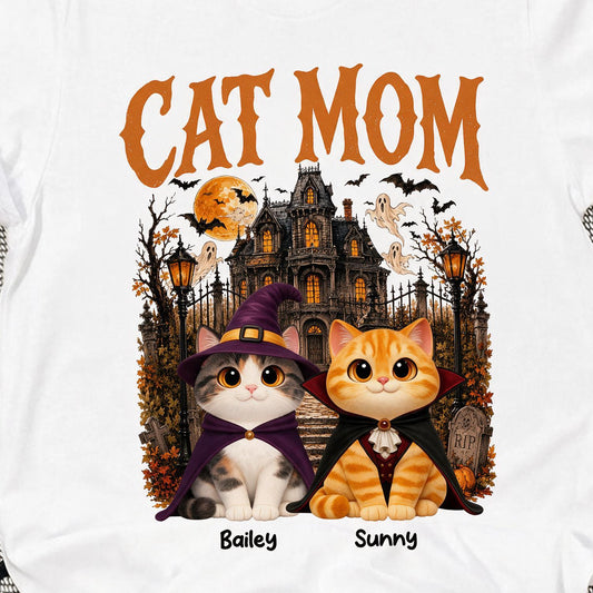 Personalisierte Katzenmama Halloween-Shirt - Retro Gespensterhaus Kostüm Katzen Geschenk für Katzenliebhaber