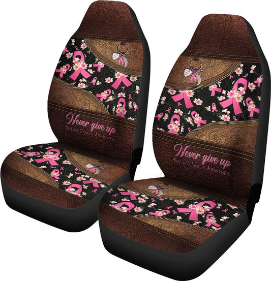 Never Give Up Leather Pattern Print Breast Cancer Awareness Seat Covers 0622