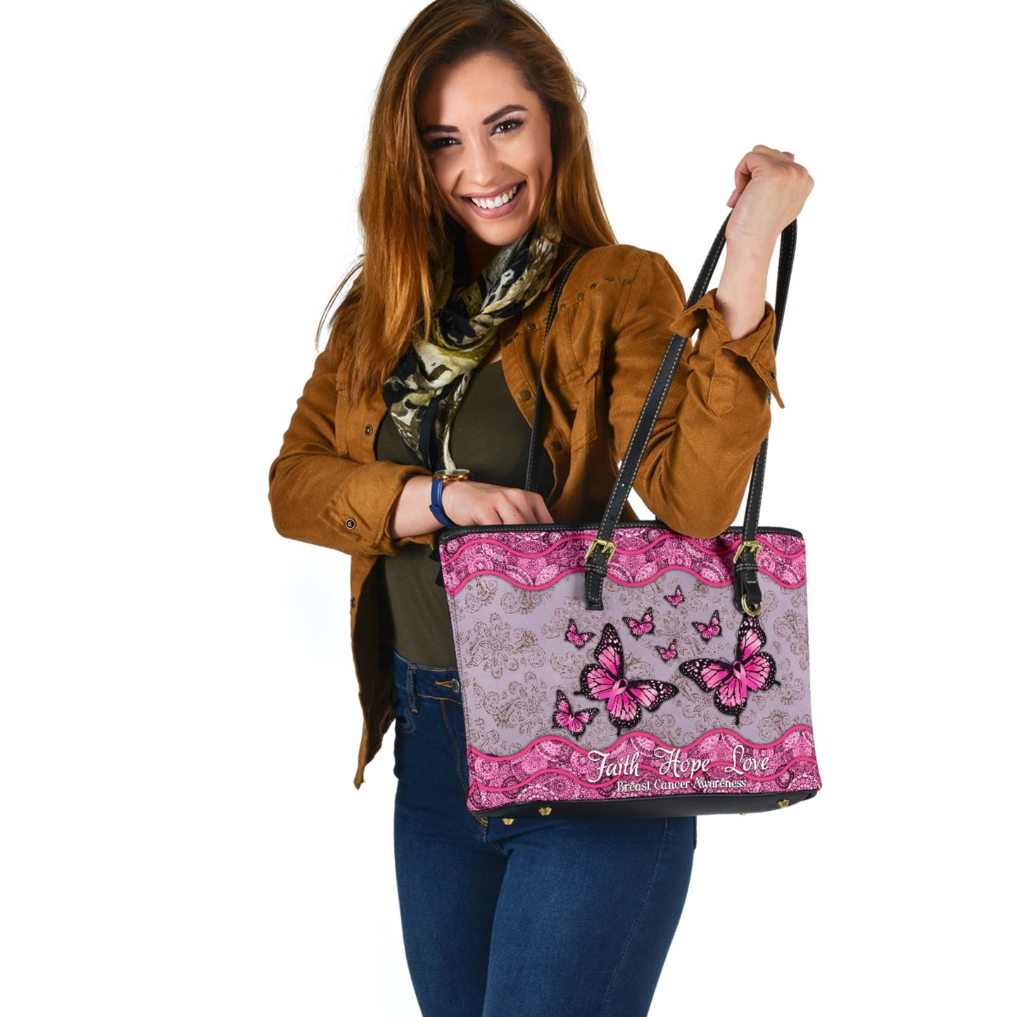 Ledertasche „Glaube, Hoffnung, Liebe“ zur Sensibilisierung für Brustkrebs 0622