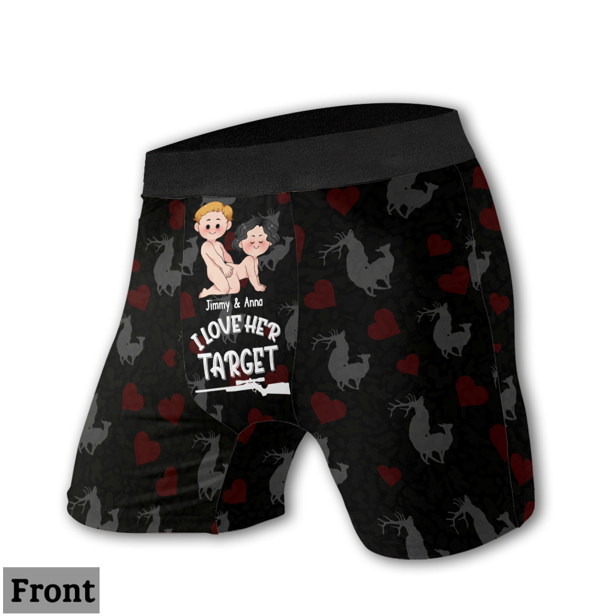Ich liebe ihr Ziel, ich liebe seine Waffe – personalisierte Jagd-Slips für Damen und Boxershorts für Herren