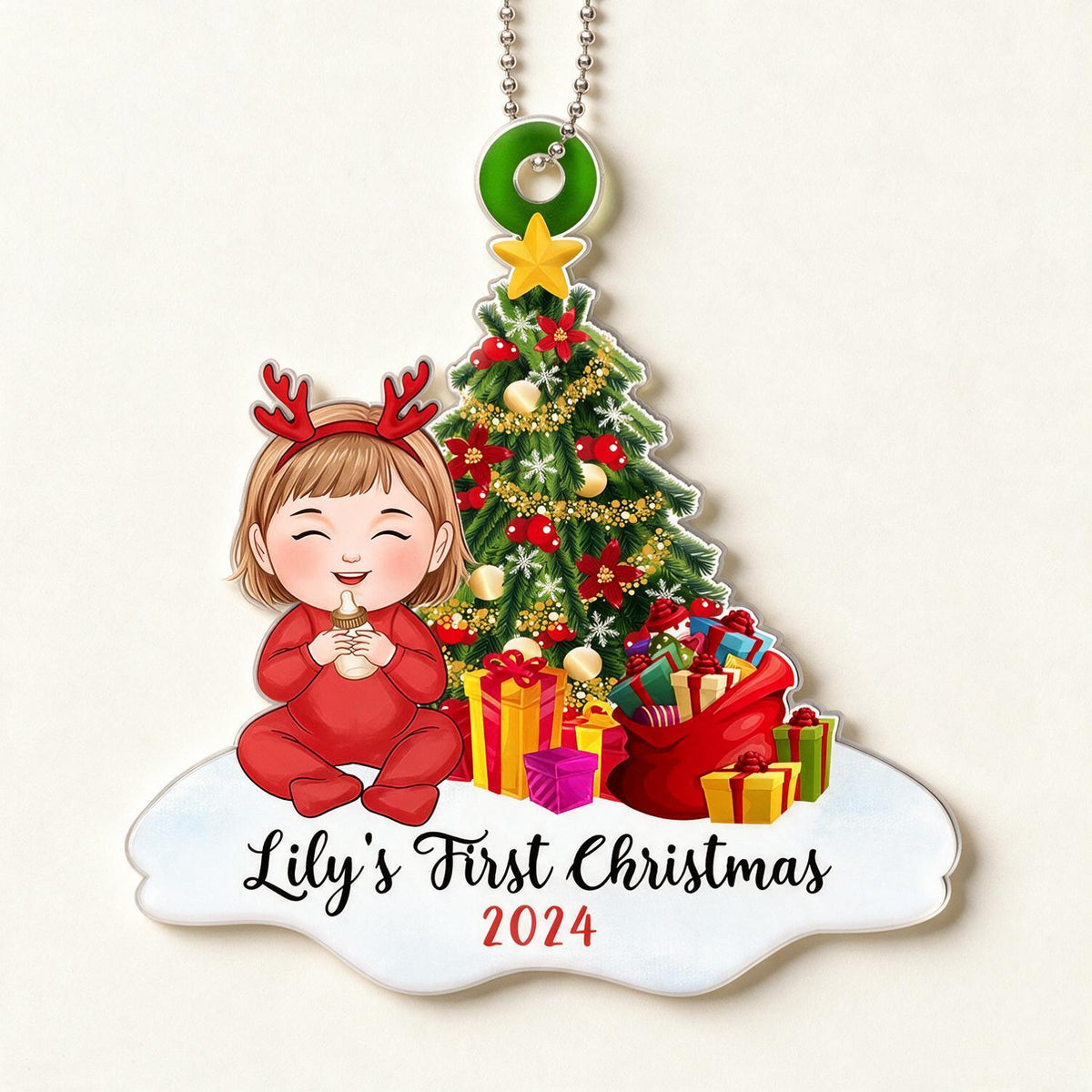 Baby Girl First Christmas Personalized Acrylic Ornament - Reindeer Headband, Christmas Tree, Custom Name Year New Baby Gift