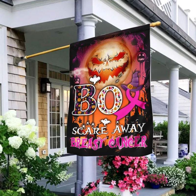Scare Away Halloween Pumpkin & Pink Ribbon - Breast Cancer Awareness House Flag 0822
