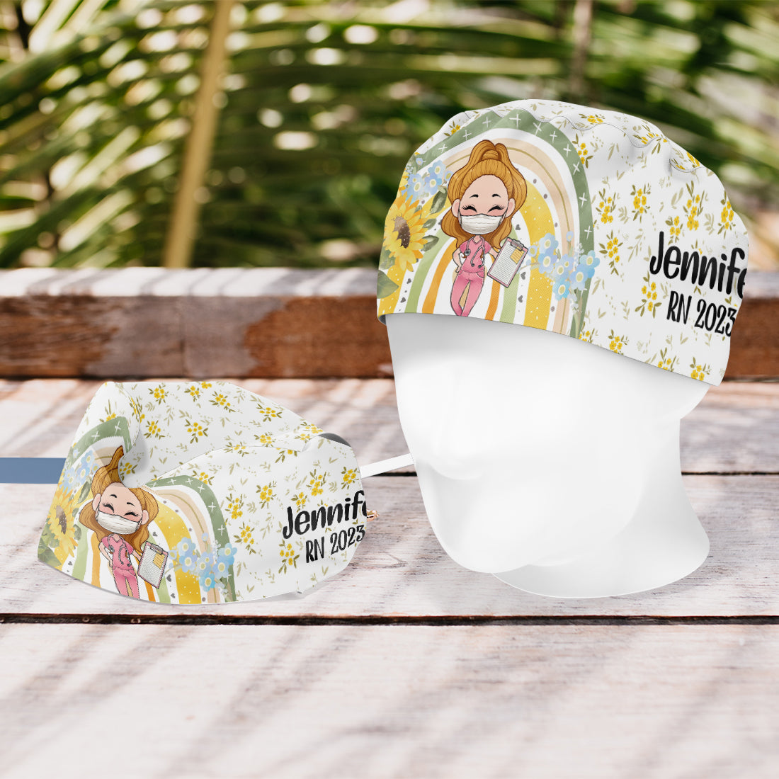 Floraler Regenbogen – personalisierte OP-Haube für Krankenschwestern