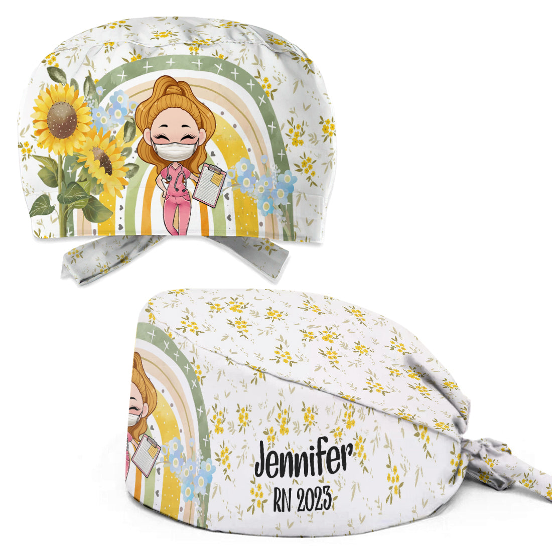 Floraler Regenbogen – personalisierte OP-Haube für Krankenschwestern