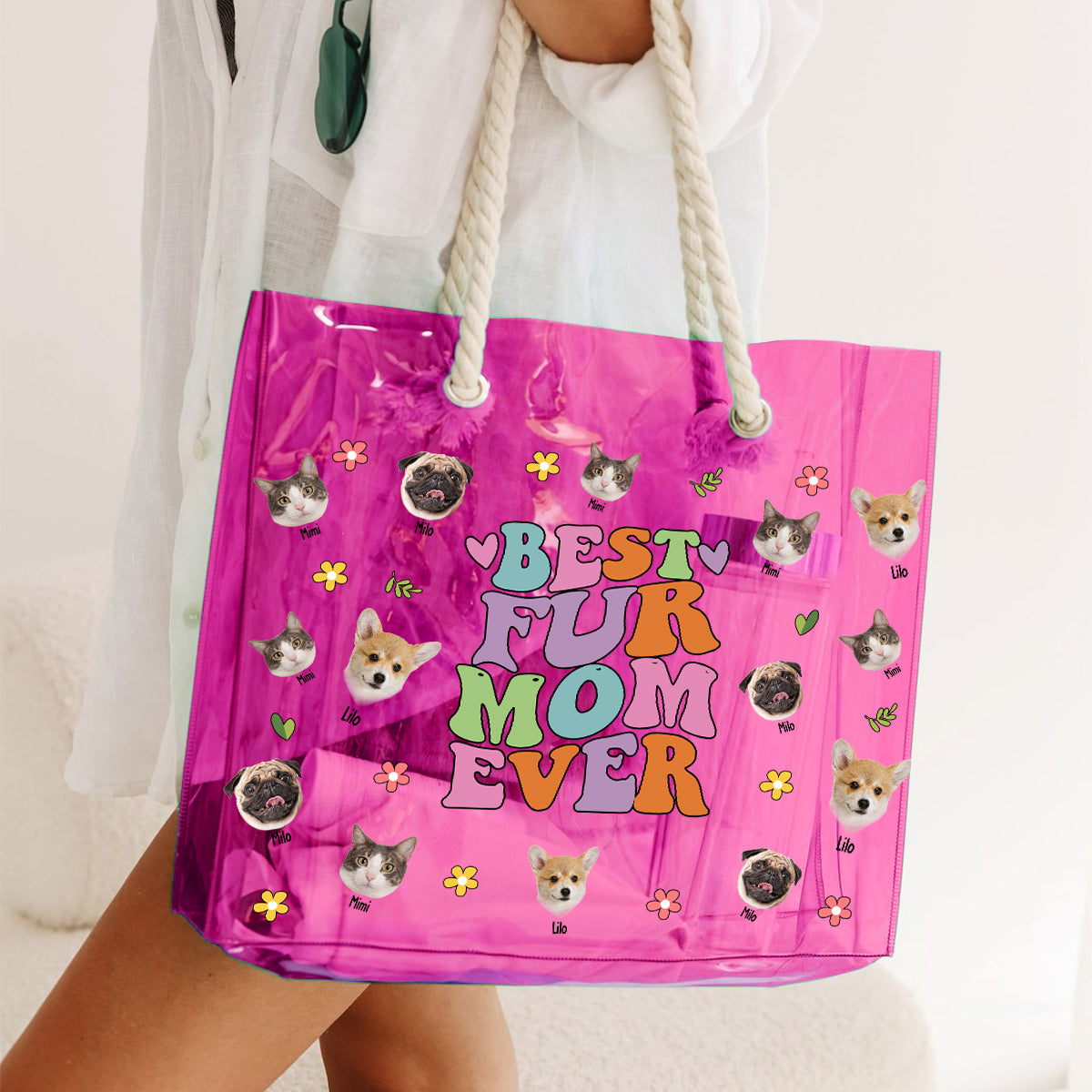 Hunde- und Katzenmama-Vibes – Personalisierte transparente Hunde-Tragetasche