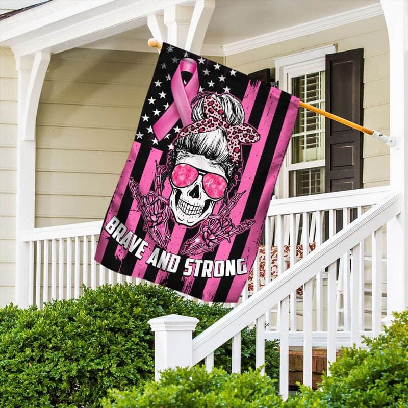 Brave And Strong Skull & Pink Ribbon - Breast Cancer Awareness House Flag 0822