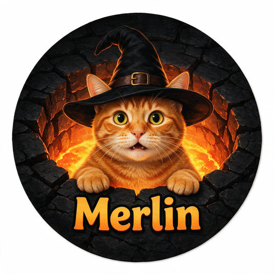 Personalized Halloween Orange Tabby Cat Witch Hat Round Doormat | Cat Mom Gift