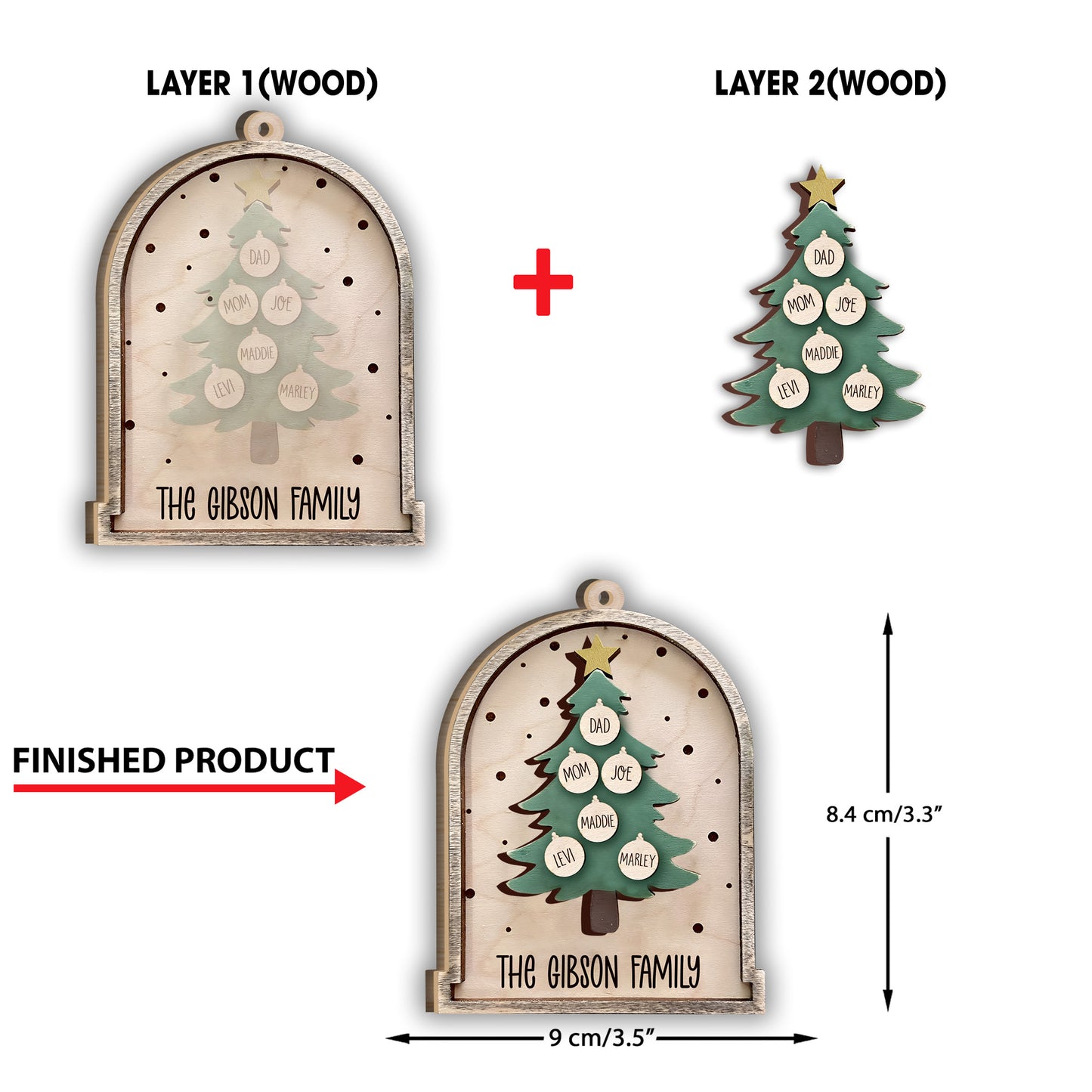 Weihnachtsbaum – Personalisierter zweilagiger Familienschmuck