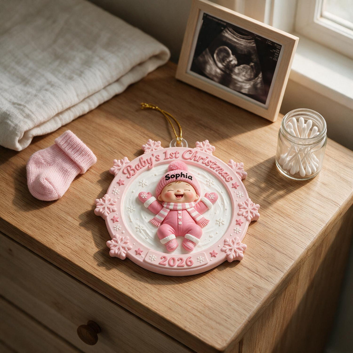 Baby's First Christmas Personalized Pink Snow Angel Acrylic Ornament - Custom Name & Year New Parent Gift