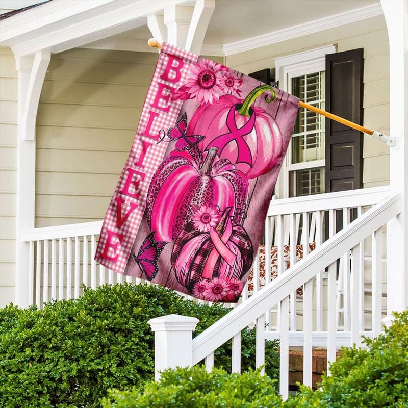 Halloween-Kürbis, rosa Schleife und Sonnenblume – Hausflagge zur Sensibilisierung für Brustkrebs 0822