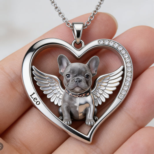 French Bulldog Angel Wings Heart Necklace, Personalized Pet Loss Memorial Jewelry Gift for Frenchie Lovers