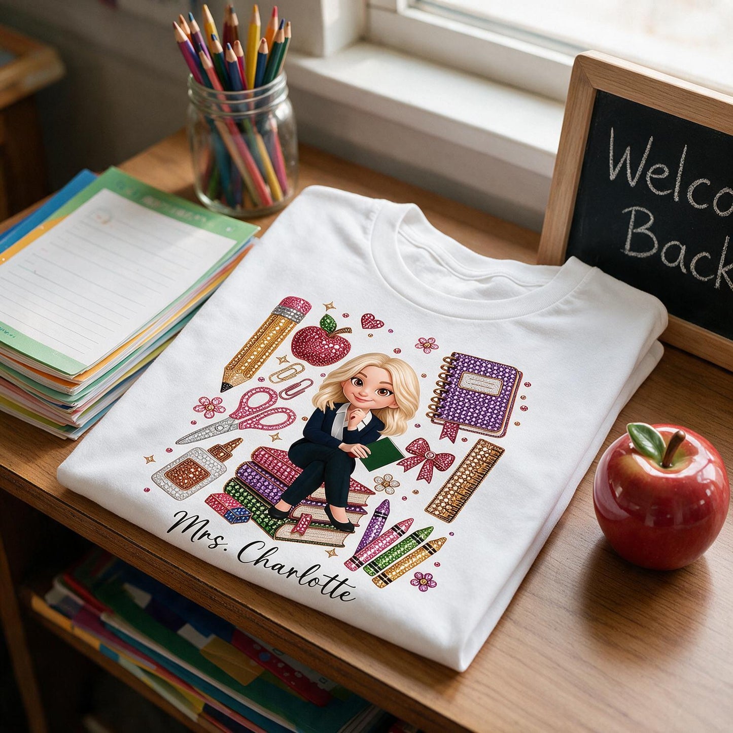 Personalized Blonde Teacher Faux Rhinestone School Supplies Shirt – Custom Name Back To School Gift For Teacher