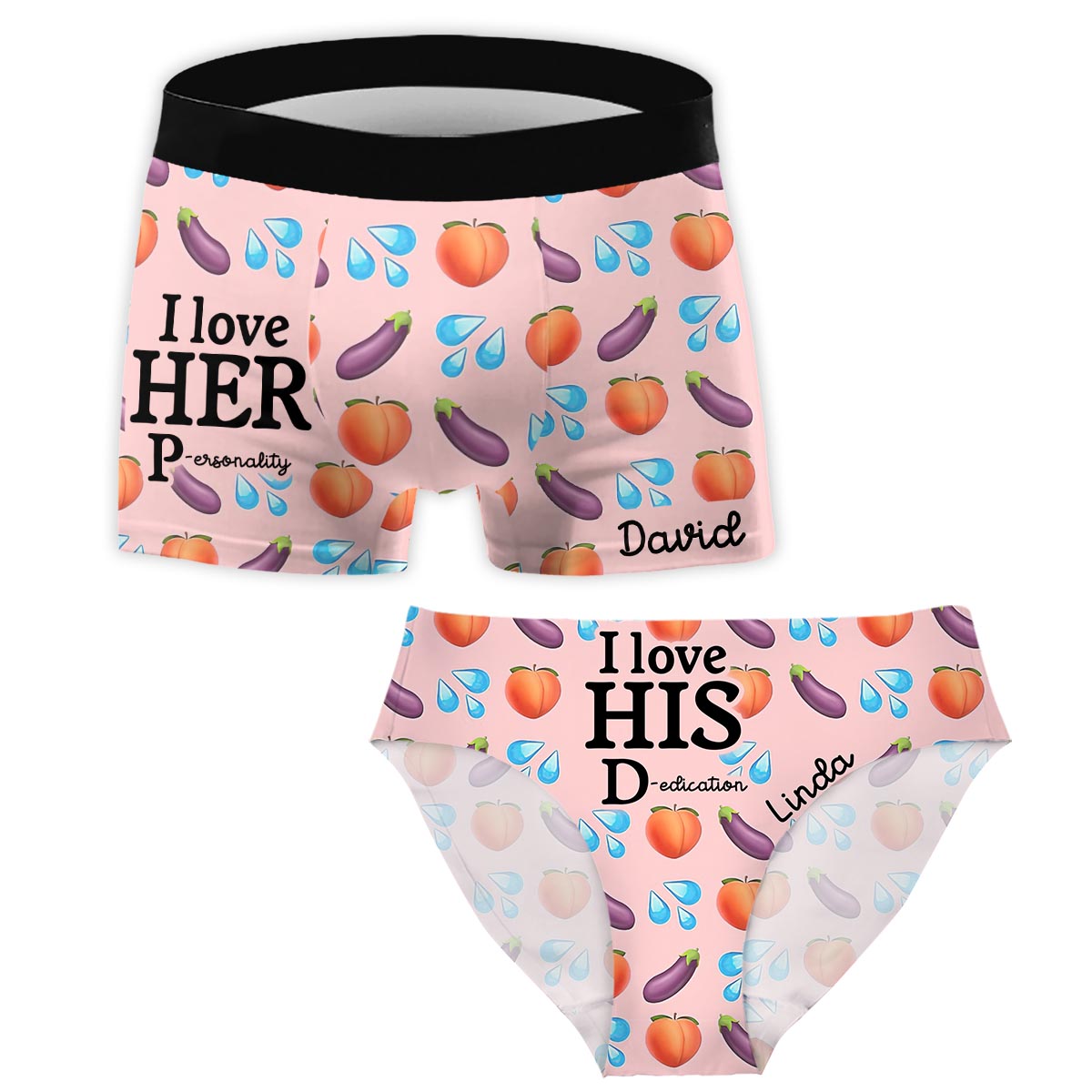 Ich liebe ihr P, ich liebe seinen D – Personalisierte Partner-Slips für Damen und Boxershorts für Herren