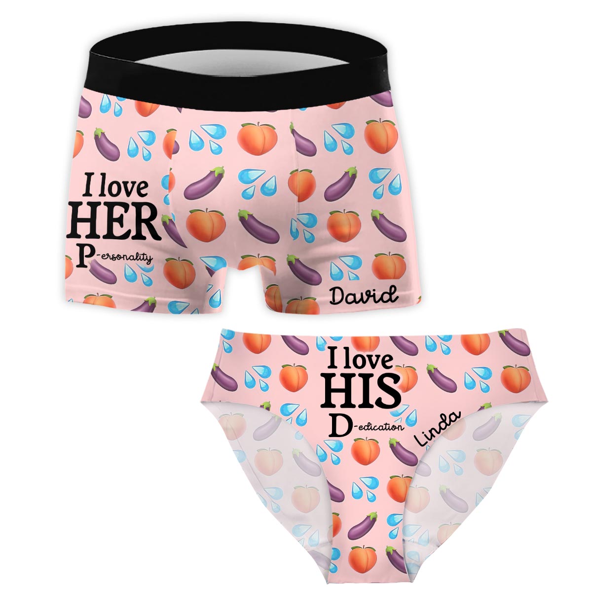 Ich liebe ihr P, ich liebe seinen D – Personalisierte Partner-Slips für Damen und Boxershorts für Herren