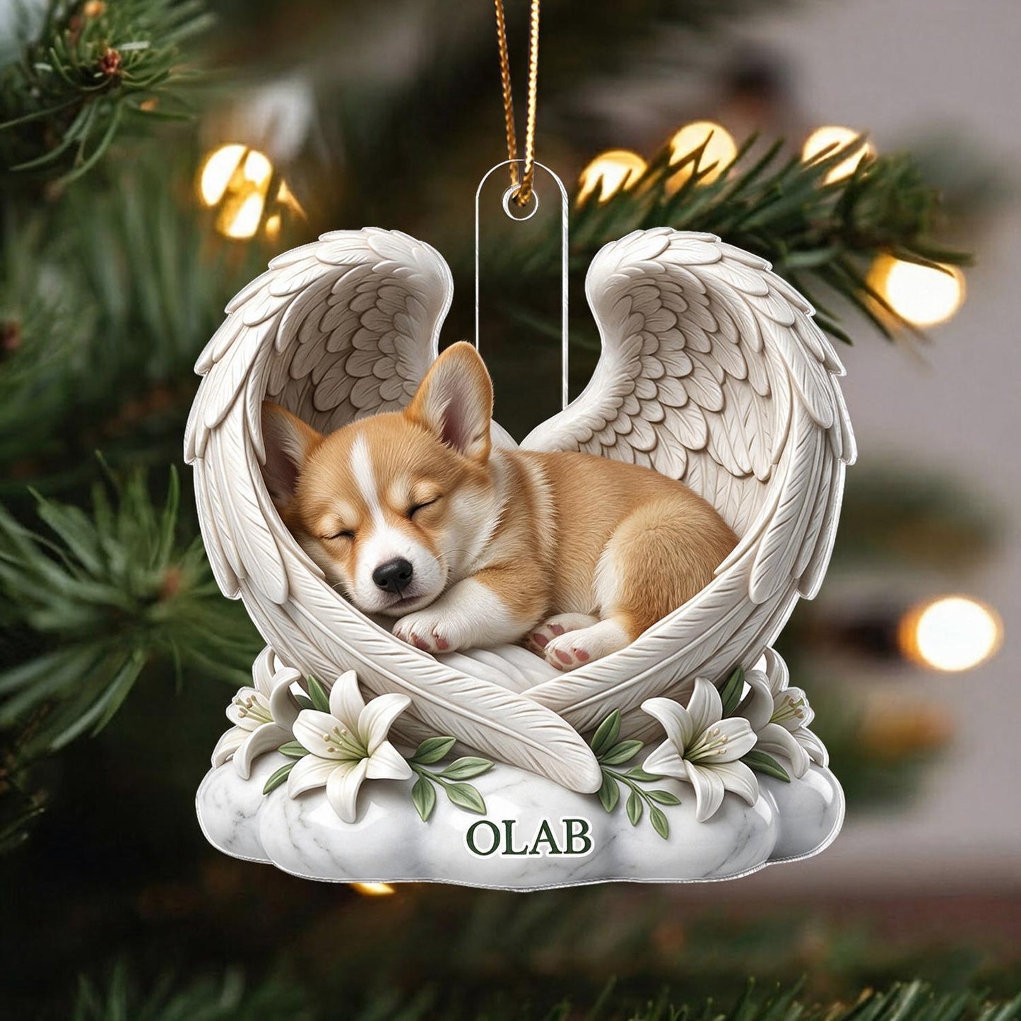 Personalized Sleeping Corgi Angel Wings Acrylic Ornament - Custom Name Pet Memorial Gift for Dog Lovers
