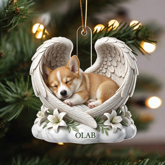 Personalized Sleeping Corgi Angel Wings Acrylic Ornament - Custom Name Pet Memorial Gift for Dog Lovers