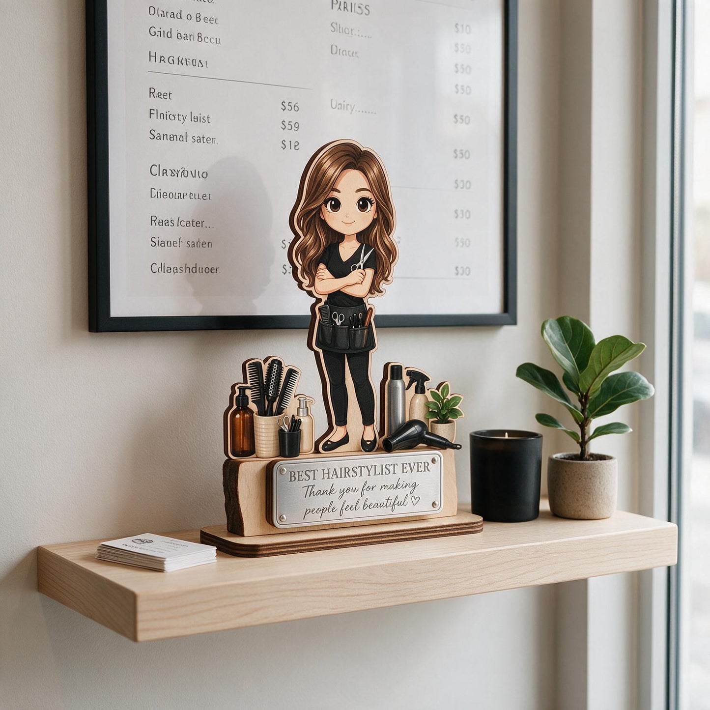 Best Hairstylist Ever 2-Layered Wooden Plaque - Chibi Hairstylist Desk Decor - Thoughtful Salon Appreciation Gift for Her