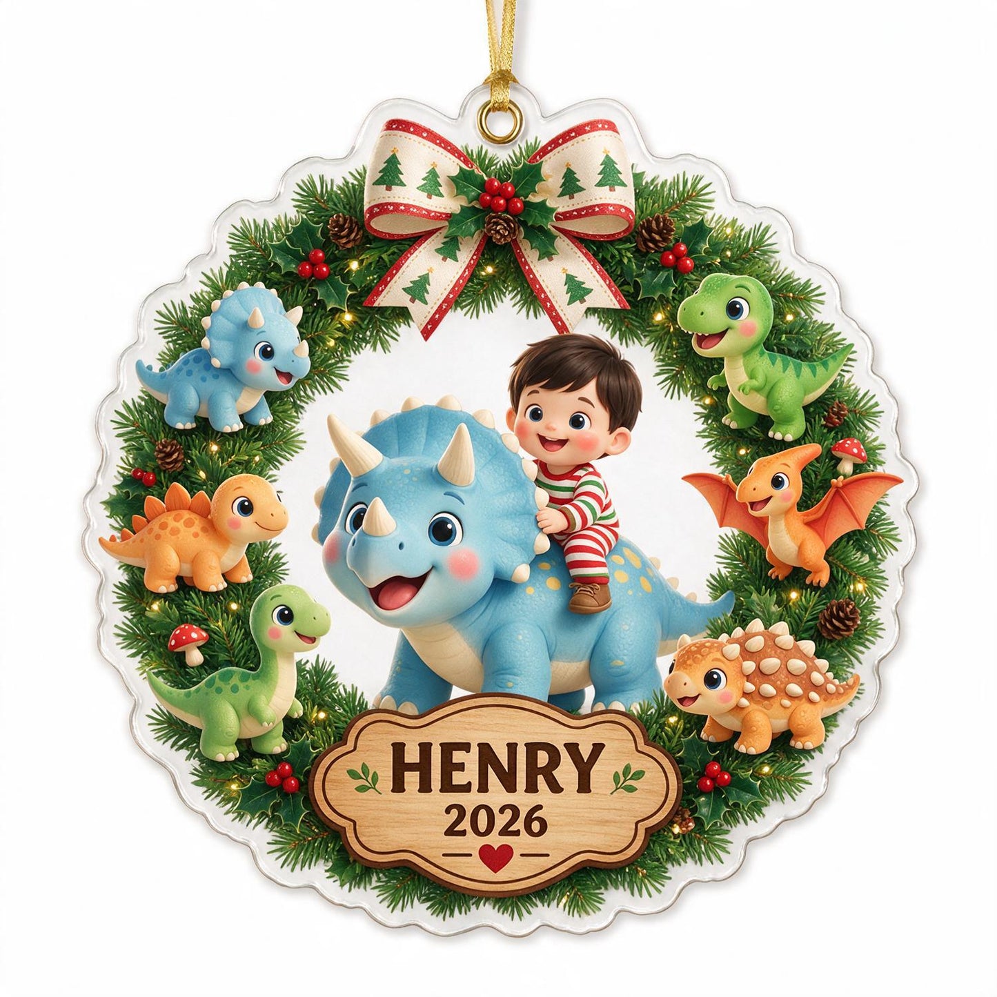 Personalized Christmas Acrylic Ornament - Cute Boy Riding Blue Triceratops with Dinosaur Wreath, Custom Name & Year Gift for Kids