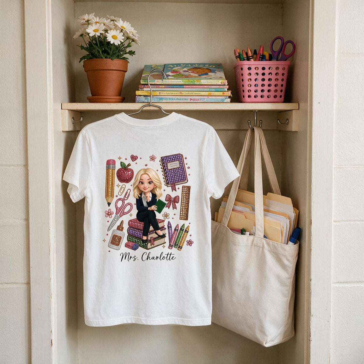 Personalized Blonde Teacher Faux Rhinestone School Supplies Shirt – Custom Name Back To School Gift For Teacher
