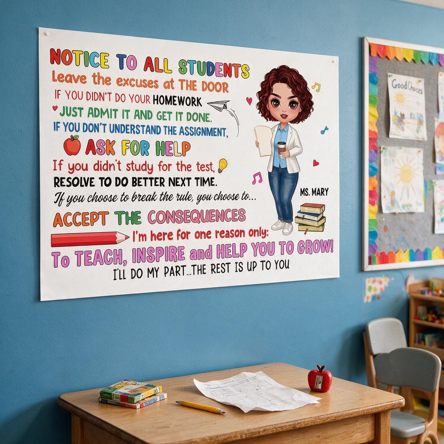 Personalisierter Hinweis an alle Schüler Horizontales Poster, Lehrer Klassenregeln Wanddekoration, Geschenk für Lehrer zum Schulanfang
